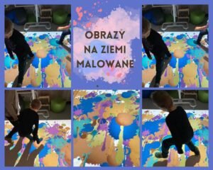 kolaż zdjęć przedstawiający dziecko skaczącego po kolorowej podłodze