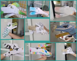 kolaż dziewięciu zdjęć - na każdym widać głowę smoka wykonanego z papieru