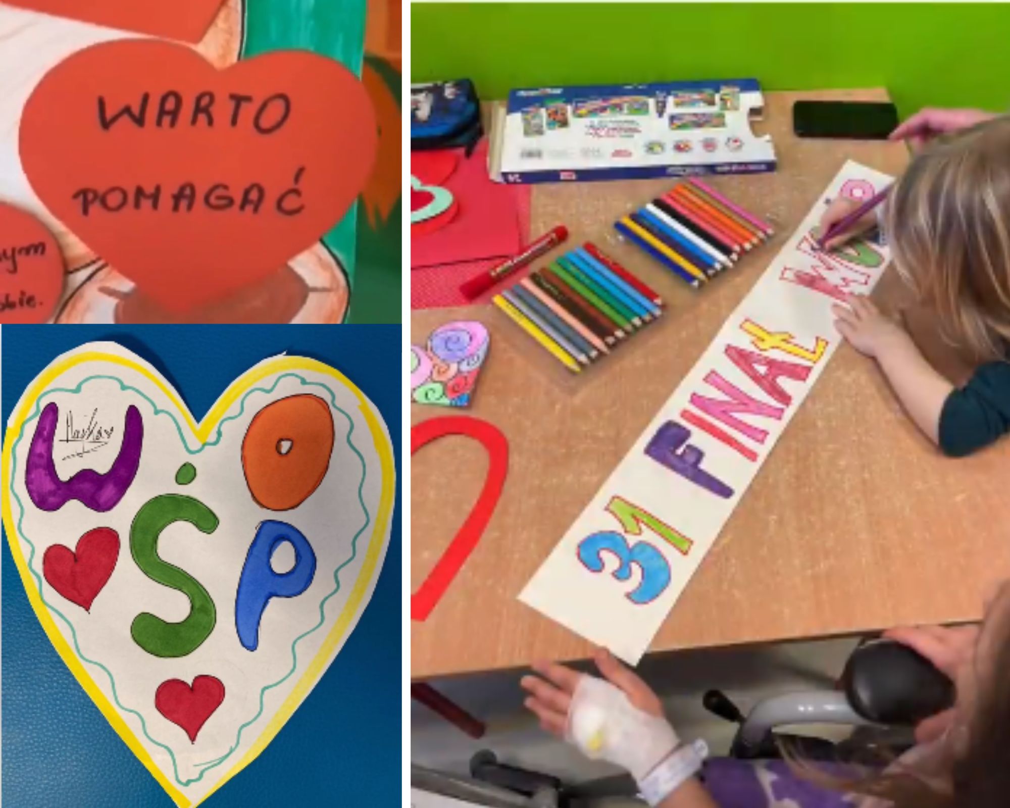 kolaż zdjęć - z lewej strony na górze: s czerwone papierowe serce z czarnym napisem warto pomagać, niżej białe serce z kolorowymi literkami WOŚP, po prawej stronie dwie dziewczynki siedzące na wózkach przy stoliku. na stoliku kredki i papier z napisem 31 finał WOŚP