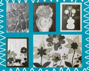 kolaż 5 prac: czarno-białe kwiaty