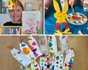 kolarz zdjęć: dziewczynka z pracą Decoupage, pomalowana drewniana figurka zająca, zakładki do książek wykonane przez dzieci