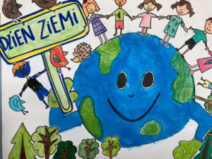 Plakat wykonany farbami: ziemia i dookoła dzieci