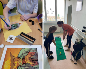 kolarz zdjęc: dziewczynka maluje obraz farbami, dziewczynka i nauczycielka grają w golfa