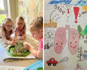 kolaż zdjęć. na pierwszym dzieci przy książce o drzewie, na drugim plakat wykonany przez dzieci o smogu