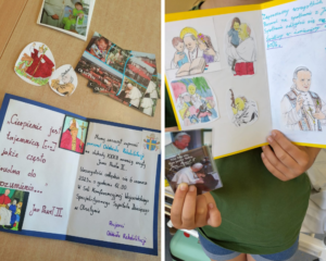 kolaż zdjęć: ręcznie wykonane przez dzieci zaproszenia do obchodów rocznicy