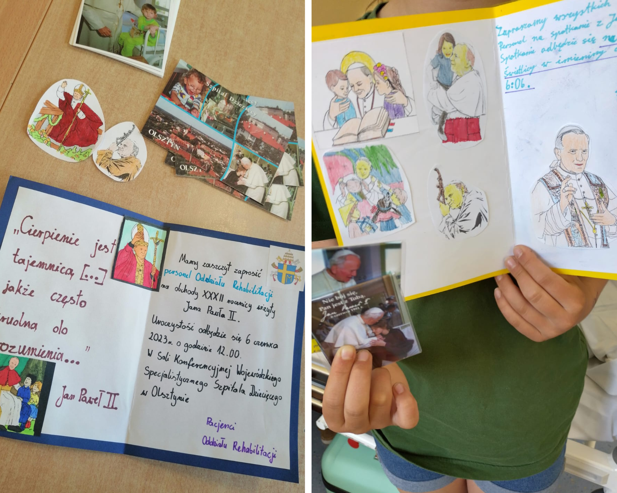 kolaż zdjęć: ręcznie wykonane przez dzieci zaproszenia do obchodów rocznicy