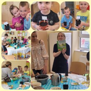 Kolaż zdjęć - dzieci sadzą nasiona drzewa do doniczek