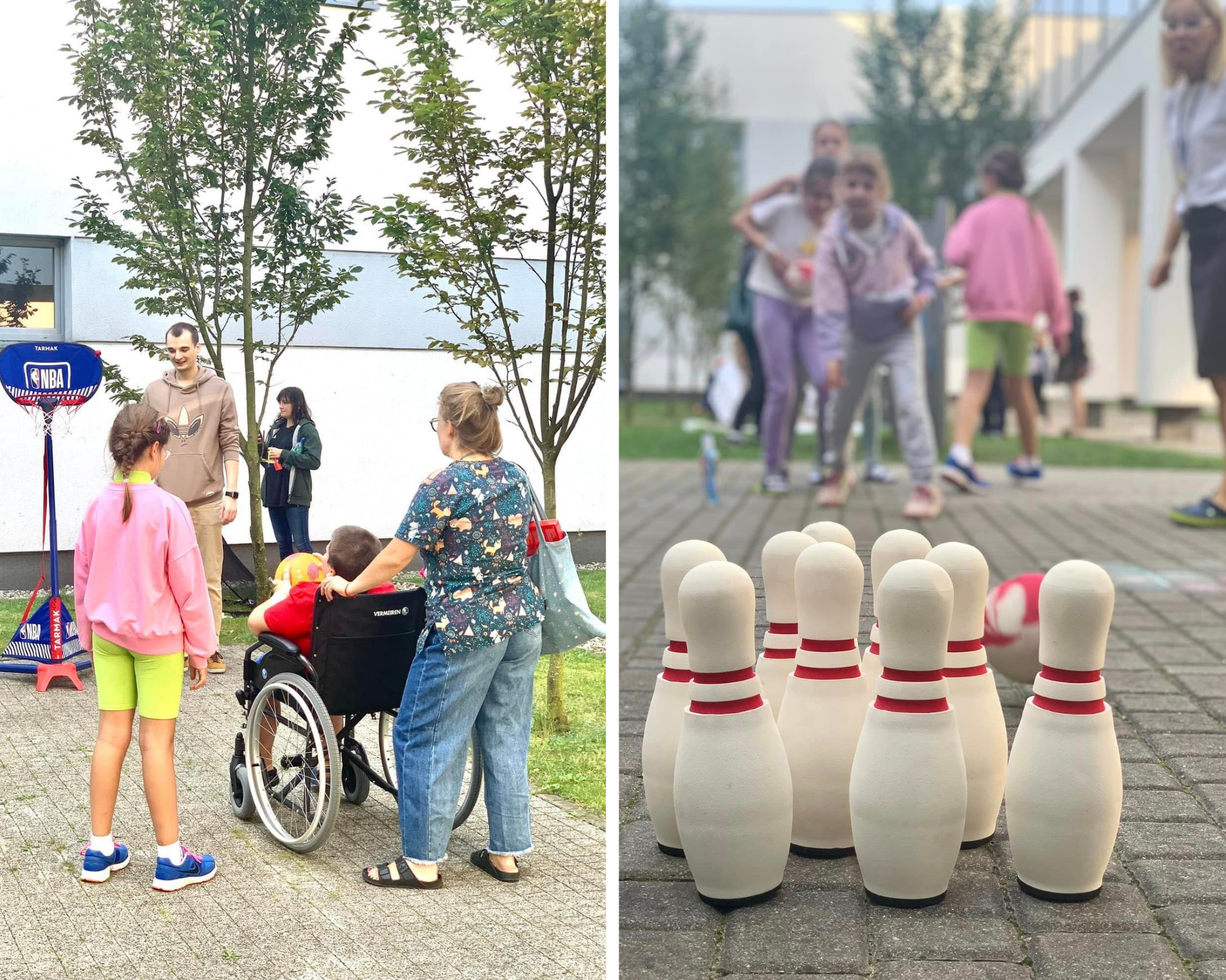 kolaż zdjęć. na pierwszym dzieci grają w koszykówkę. na drugim dziewczynka rzuca piłką w kręgle