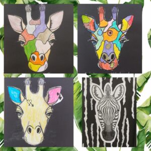 kolaż zdjęć: kolorowo pomalowane głowy żyraf