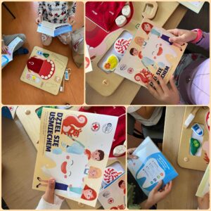 kolaż zdjęć - dzieci trzymają na kolanach książeczki dydaktyczne z programem profilaktycznym