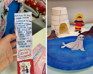 kolaż zdjęć. po lewej zakładka dla babci własnoręcznie zrobiona flamastrami, po prawej makieta scenki z książki Anuk