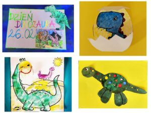 kolaż prac plastycznych przedstawiający wykonane przez dzieci dinozaury