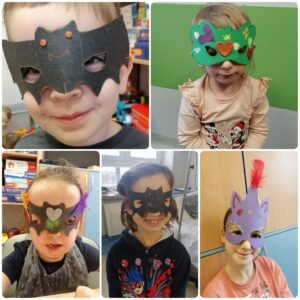 fotomontaż zdjęć dzieci w maskach karnawałowych