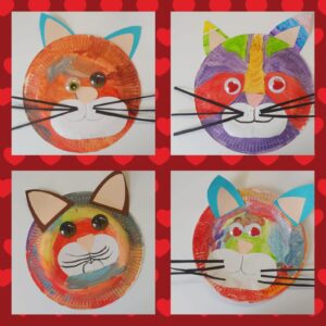kolaż prac plastycznych - kolorowe koty malowane farbami