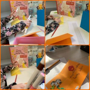 kolaż zdjęć dziewczynka robi własnoręcznie kartkę z pozdrowieniami