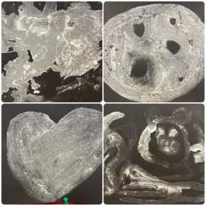 kolaż prac plastycznych: na czarnych kartkach rysunki wykonane solą