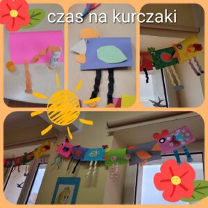 kolaż prac kolorowych kurek wykonanych z papieru