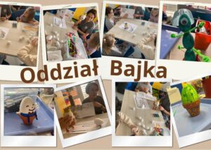 kolaż zdjęć: dzieci wykonują rózne prace plastyczne z ozdobnych jaj