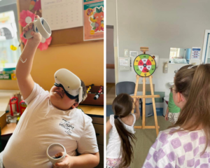 kolaż zdjęć: na pierwszym chłopiec w okularach Oculus VR, w drugim dziewczynki rzucają kulkami z rzepami do darczy