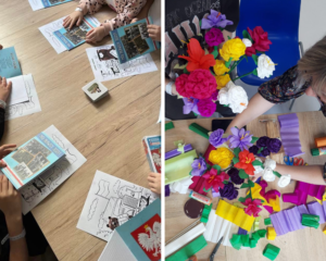 kolaż zdjęć. na pierwszym dzieci trzymają książeczki o charakterze patriotycznym, na drugim wykonują kolorowe kwiaty z bibuły