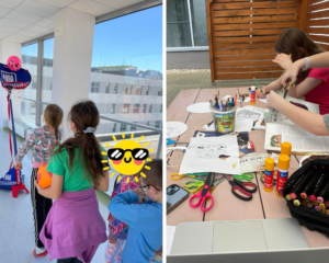 kolaż zdjęć: na pierwszym dzieci na szpitalnym korytarzu grają w koszykówkę, na drugim robią kolaże interpretujące piosenkę tysiące twarzy setki miraży