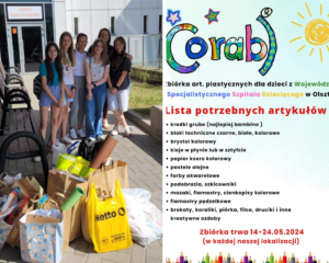 kolaż zdjęć: na pierwszym dzieci ze szkoły podstawowej z darami, na drugim ogłoszenie o zbiórce firmy corab