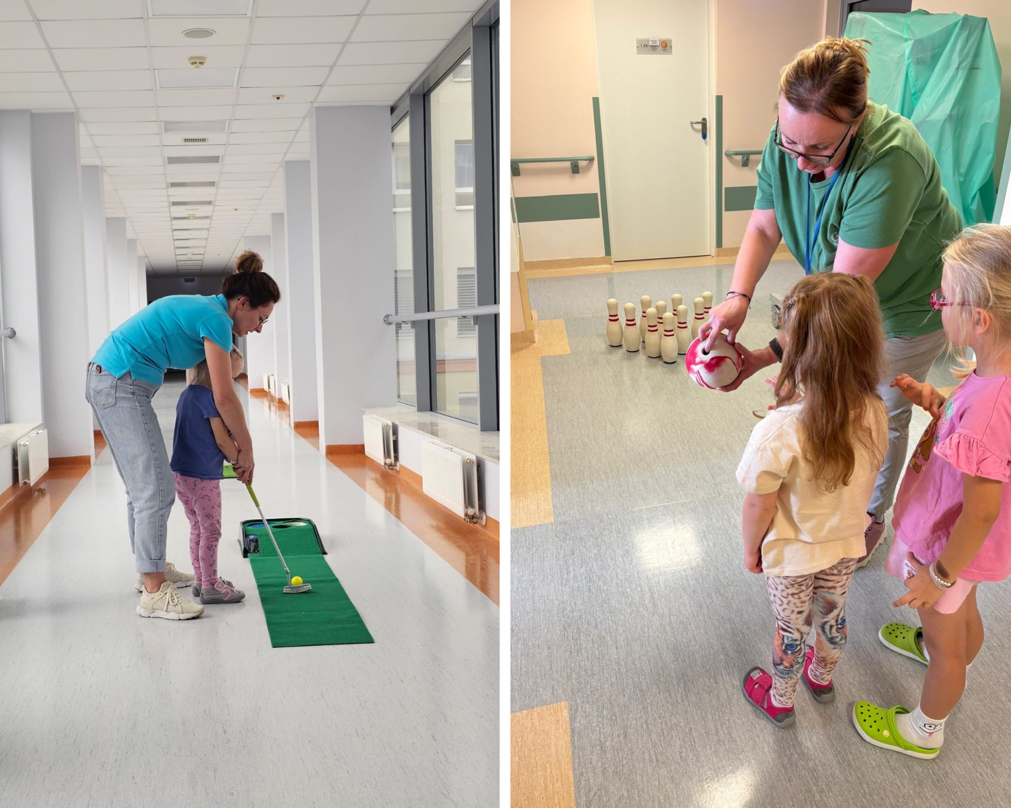 Dzieci z nauczycielami szkoly szpitalnej grają w golfa i kręgle na szpitalnych korytarzach