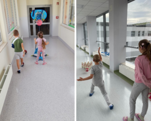 dzieci grają w kręgle i koszykówkę na korytarzach szpitalnych