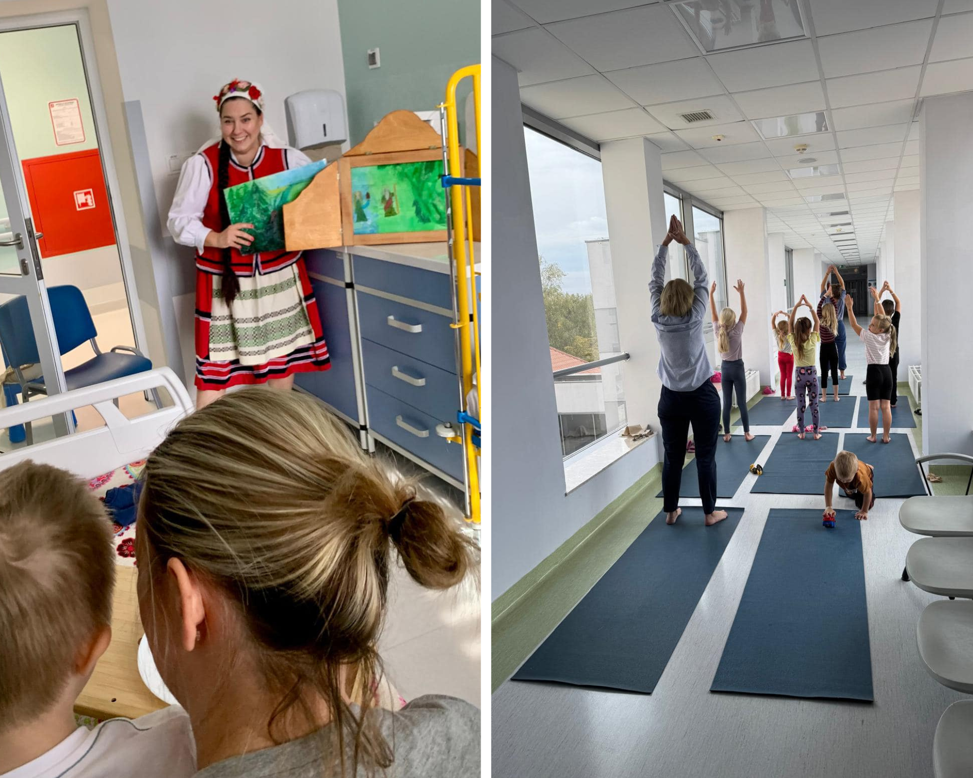 kolaż zdjęć. na pierwszym kobieta w stroju ludowym warmińskim opowiada historię korzystając z teatrzyku kamiszibaj. na drugim dzieci na matach ćwiczą jogę na korytarzu szpitalnym