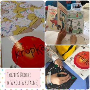 dzień kropki. kolaż zdjęć z książkami o kropce i supermocach