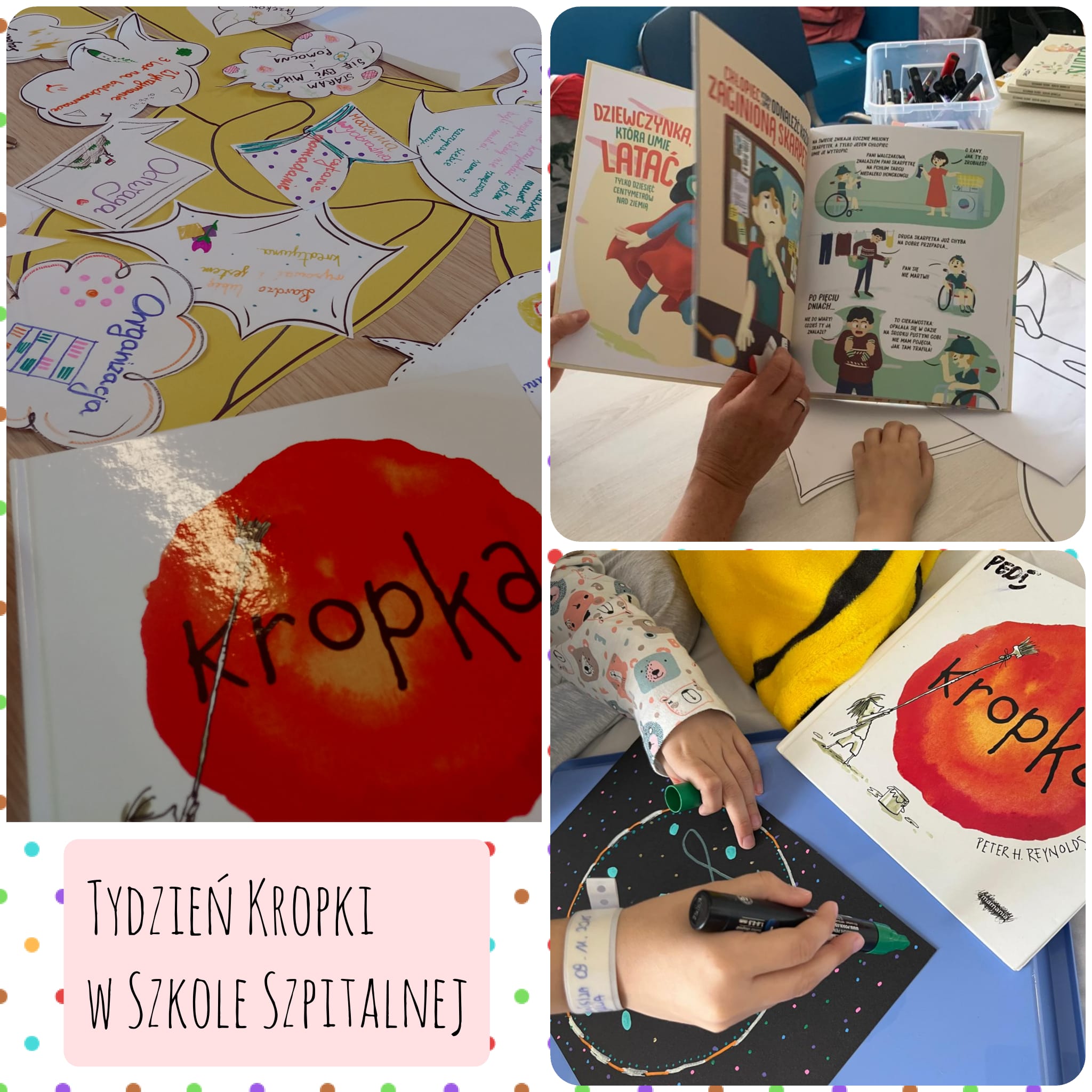 dzień kropki. kolaż zdjęć z książkami o kropce i supermocach