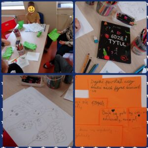 Kolaż zdjęć, dzieci piszą własną książkę na podstawie książki "Gdzie tytuł?"