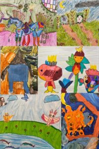 Kolaż prac dziecięcych na temat "Magiczne zwierzęta"