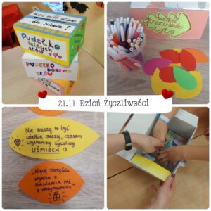 Kolaż zdjęć: pudełko na dobre słowa, kolorowe karteczki na których dzieci piszą miłe słowa, dłonie dzieci wrzucające karteczki do dobrymi słowami do pudelka