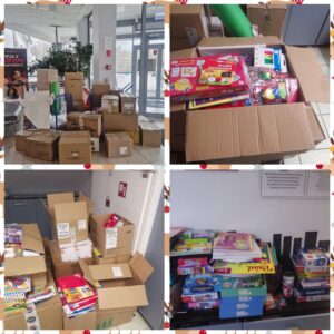 kolaż zdjęć z darami dla szkoły szpitalnej
