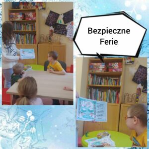 dwa zdjęcia, na jednym pani bibliotekarka pokazuje uczniom prezentację dotyczącą bezpieczny ch ferii, na drugim zasłuchane dzieci patrzące na panią