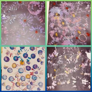 kolaż zdjęć prac dzieci: na ciemnych kartkach kolorowymi farbami malowane fajerwerki