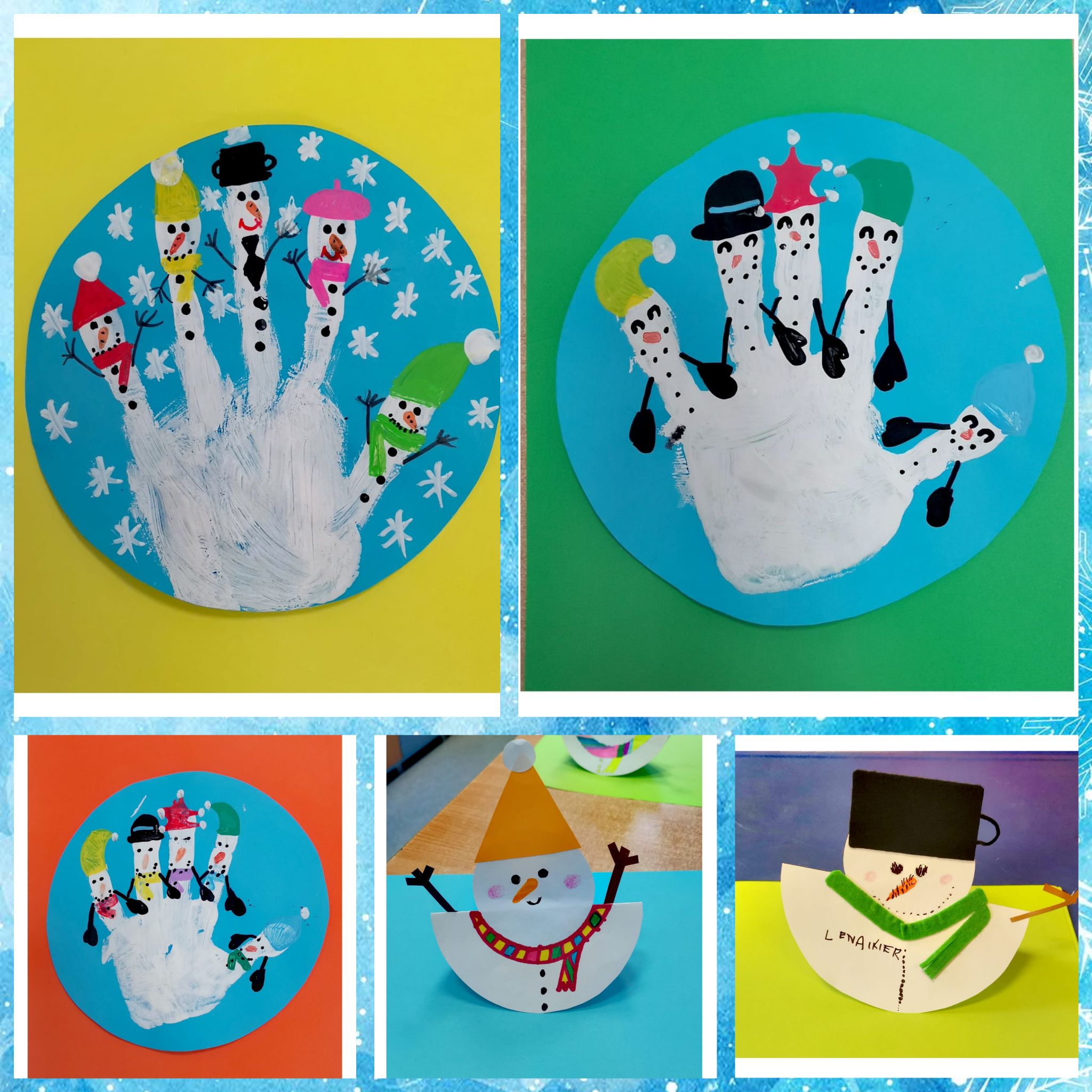 prace plastyczne dzieci - kolorowe bałwanki wykonane z białego papieru przyklejone na kolorowe kartki lub namalowane białą farbą