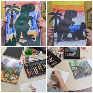 prace plastyczne  - kolorowe dinozaury - wykonane na podstawie książki o dinozaurach