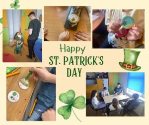 kolaż zdjęć z zajęć o Dniu Św. Patryka: dzieci siedzące przy stole korzystają z goglów AR, dzieci robią kolorowe przypinki. Na środku napis Happy St Patrick's day