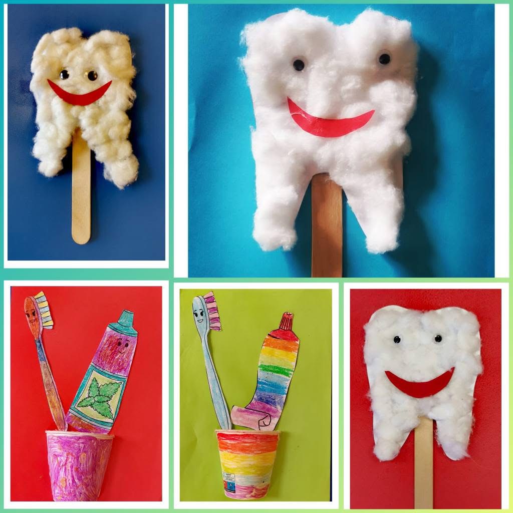 kolaż zdjęć prac plastycznych: zęby wyklejane z waty, kolorowanki posta do zębów i kubeczek