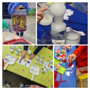 kolaż zdjęć z eksperymentami fizyczno-chemicznymi