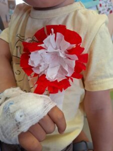 rozeta w kolorach biało-czerwonych, wykonana z bibuły, przyczepiona do piersi ucznia