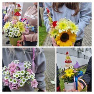 kolaż przedstawia kwiaty zrobione podczas dnia dziecka