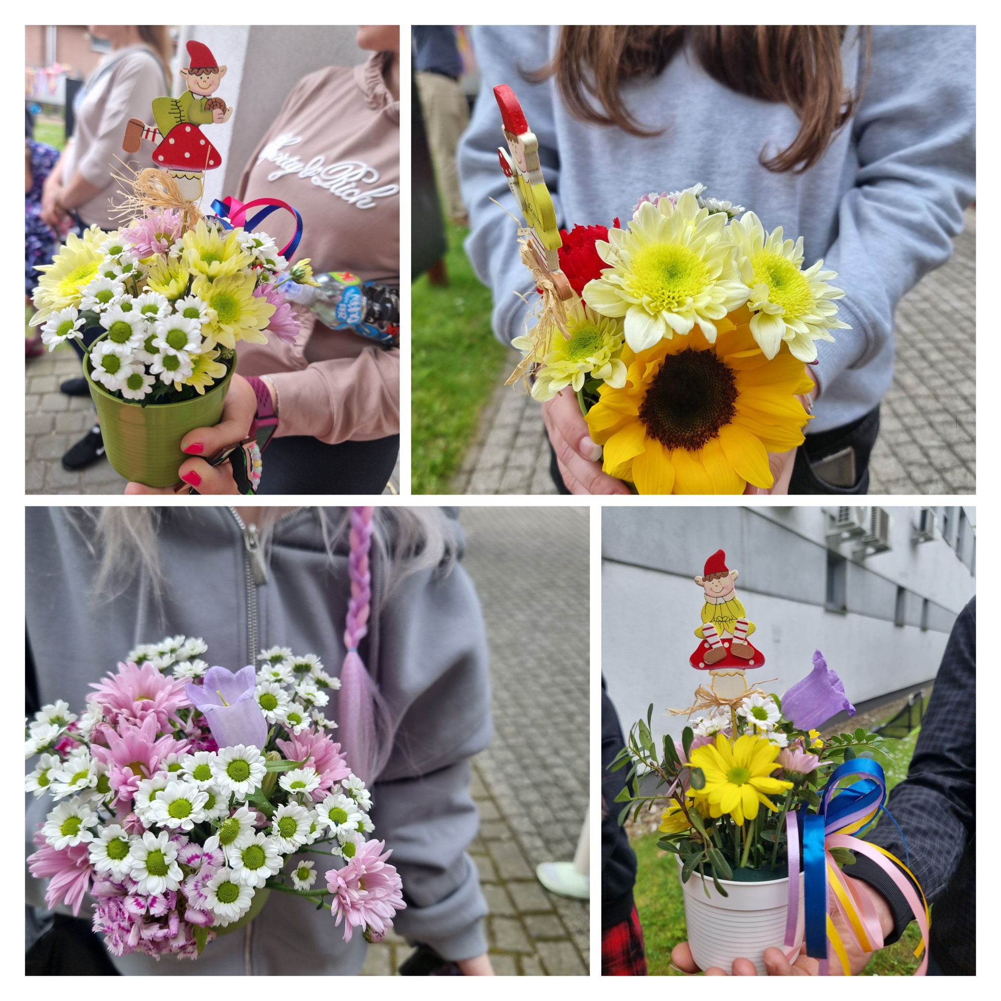 kolaż przedstawia kwiaty zrobione podczas dnia dziecka