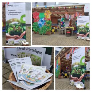 kolaż zdjęć: baner i ulotki MPEC, udekorowana kwiatami i altana