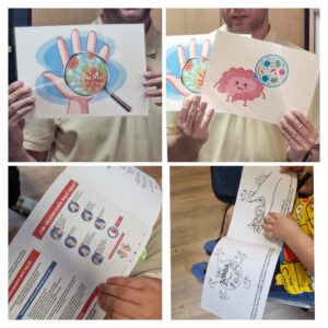 Obrazek przedstawia kolaż dwóch prac dzieci oraz dwóch stron z książek dotyczących biezpiecznych wakacji.